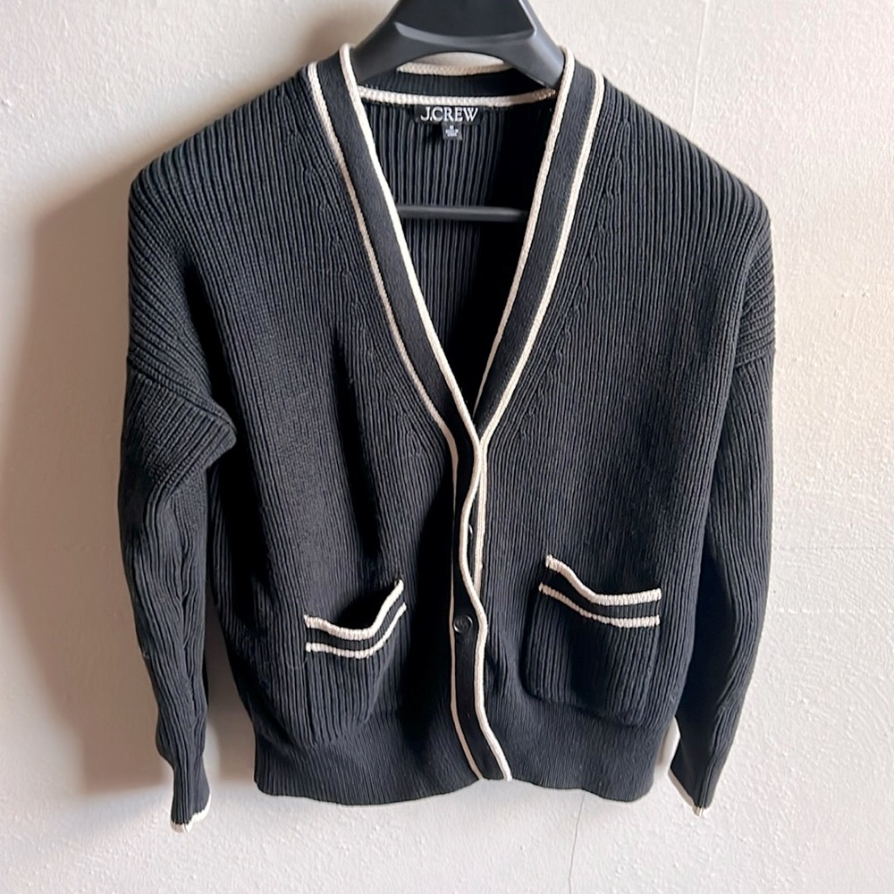 Adorable J. Crew ivory tipped navy cardigan size M, only worn once!